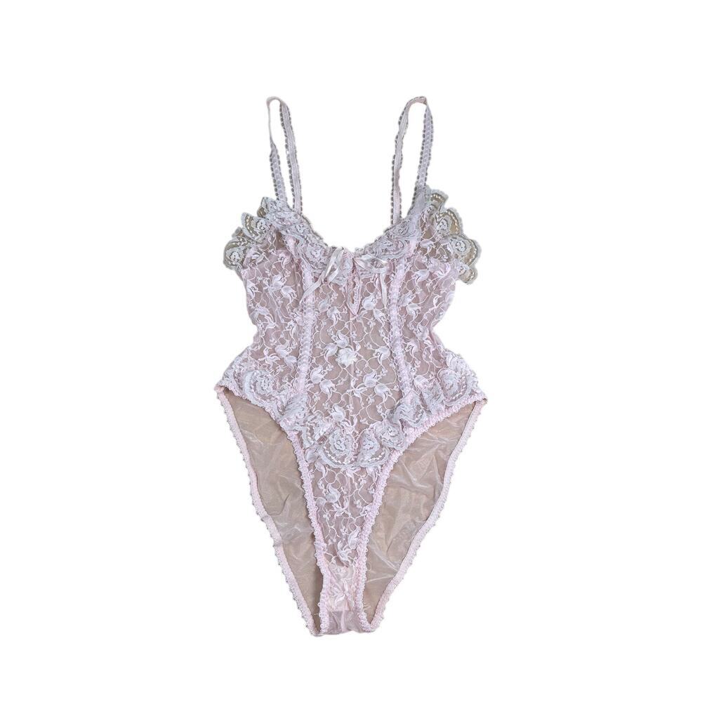 Vintage Emil Bole baby pink Nylon Sheer Lace Teddy Bodysuit Size Large Lingerie